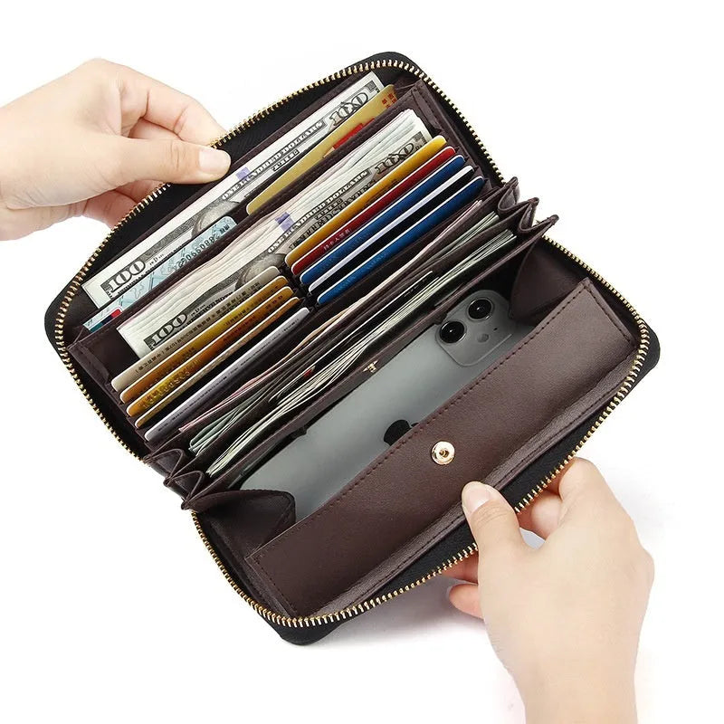 Long genuine leather women's wallet in urban simplicity style, shown in various solid colours