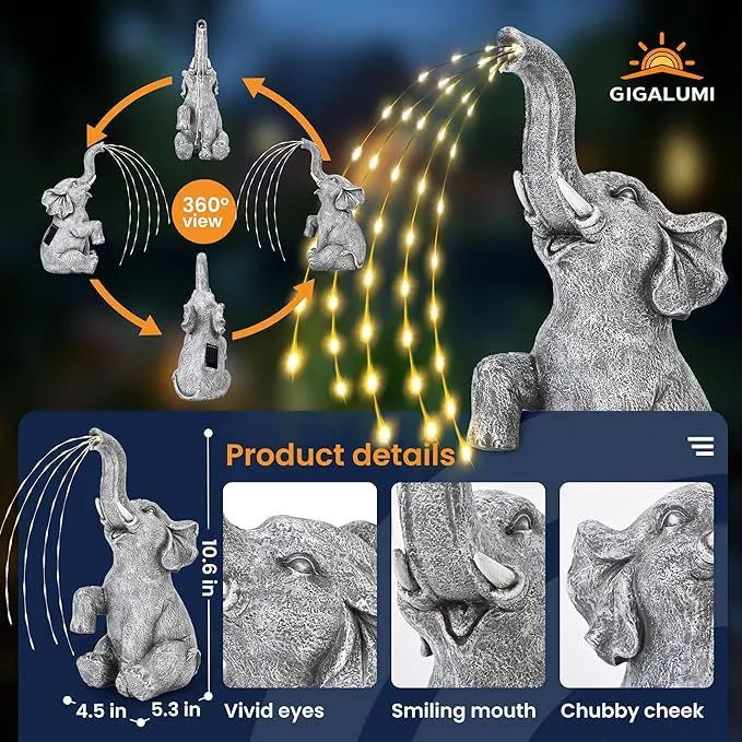 Outdoor resin elephant statue sculpture with LED light strip on garden lawn.