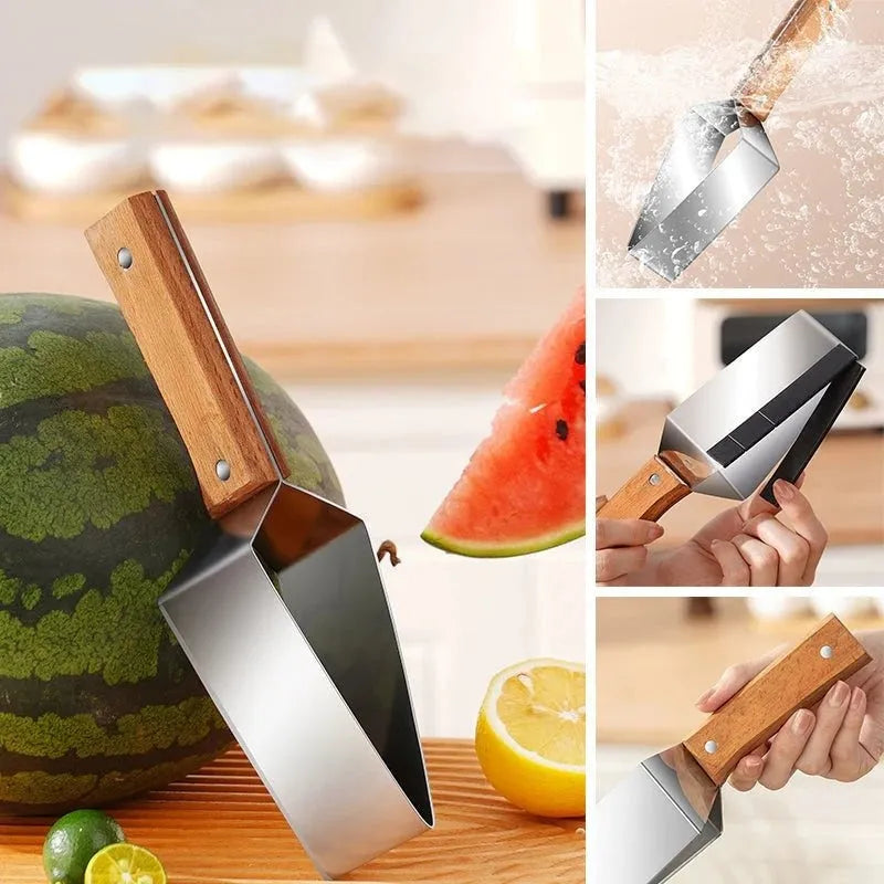 Natural colour 430 stainless steel triangle watermelon splitter with protective cover on a light background