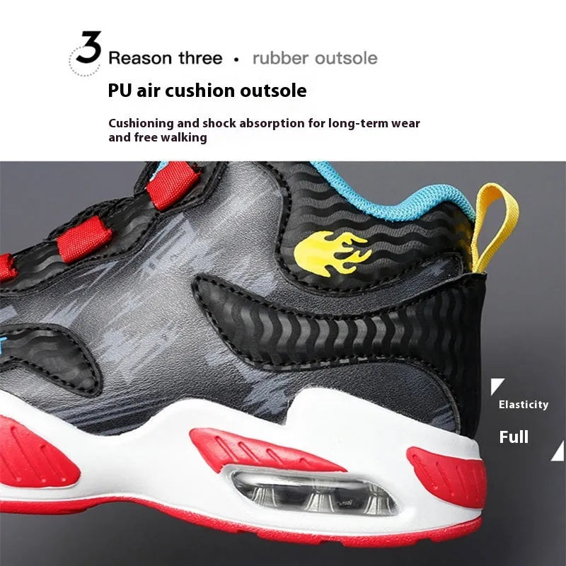 Children's rotating button basketball shoes in synthetic leather, shown in black colourway.