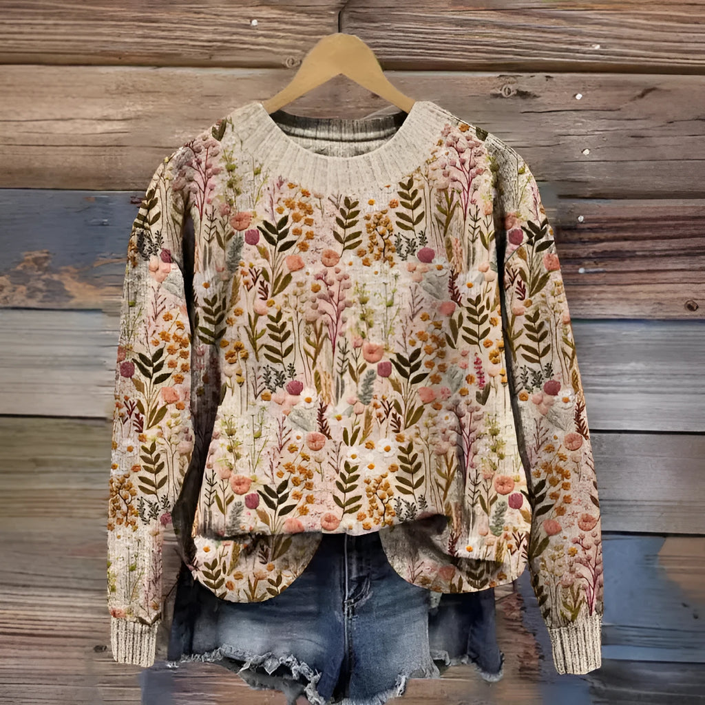 Women's round neck sweater with digital printed little flower pattern in polyester fabric