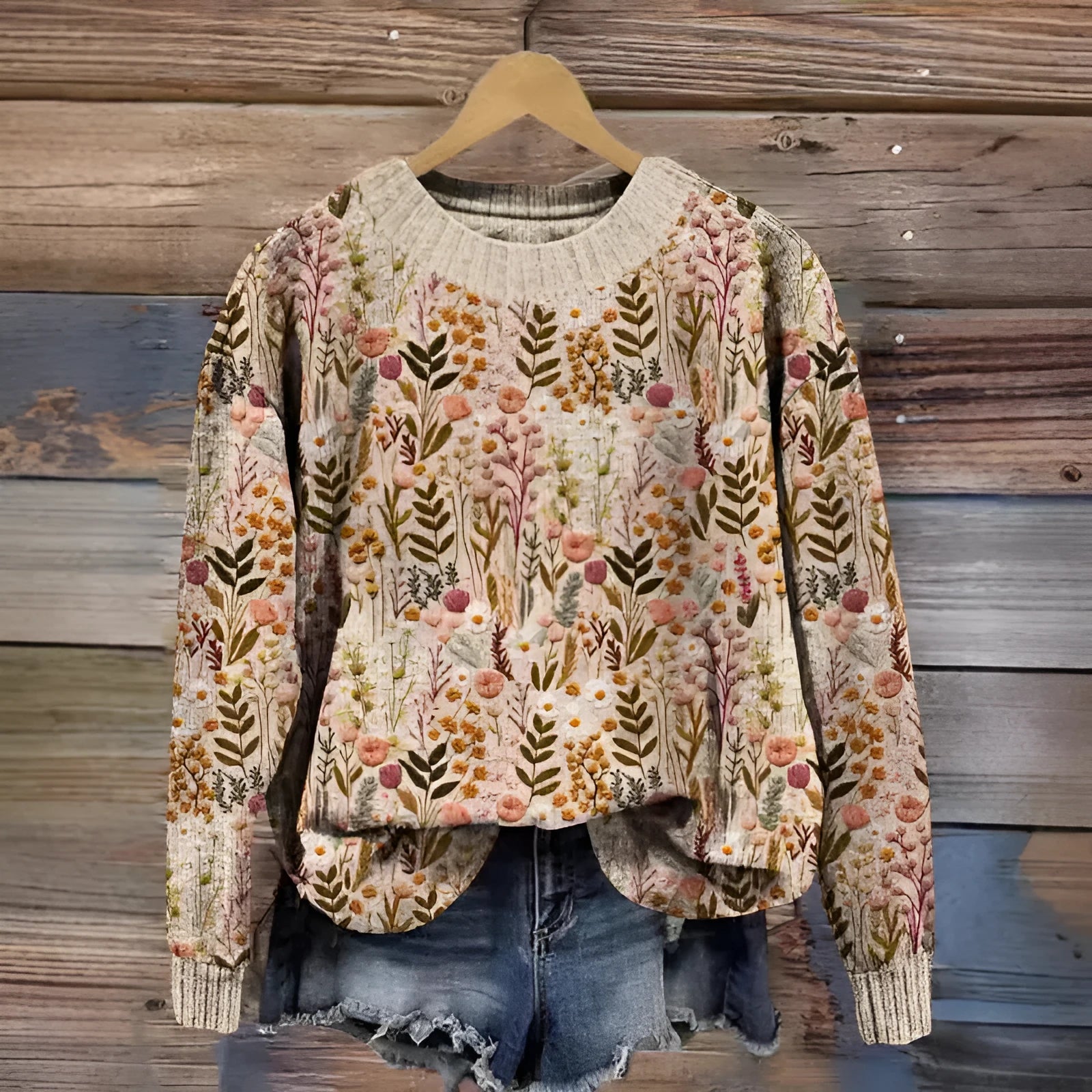 Women's round neck sweater with digital printed little flower pattern in polyester fabric