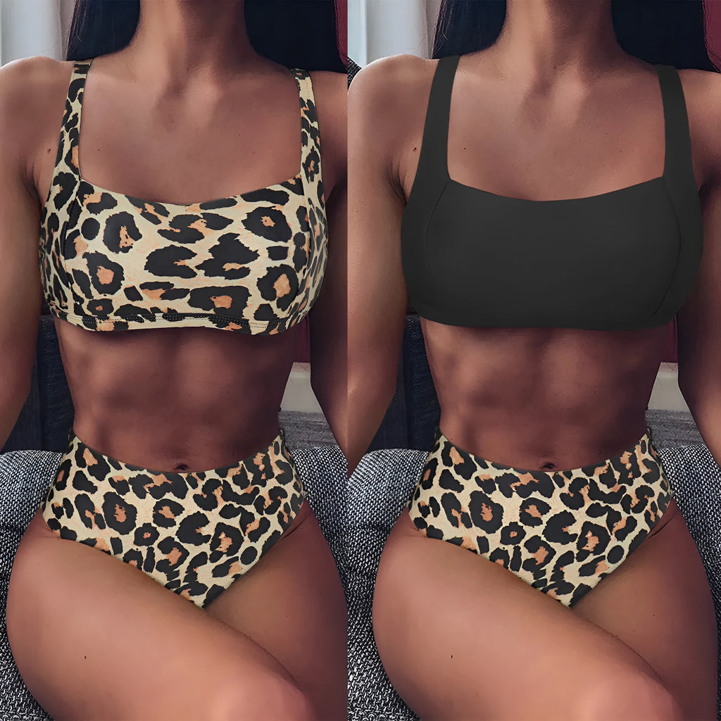 High waist bikini set with push up bra and matching briefs in white, front view on model