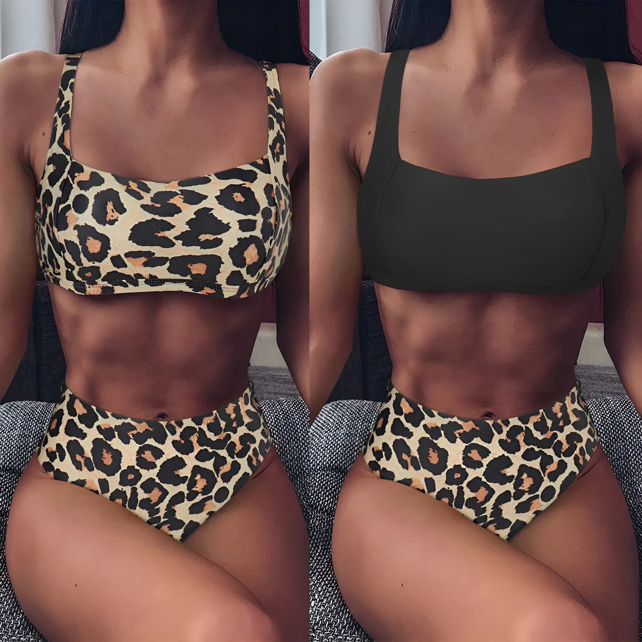 High waist bikini set with push up bra and matching briefs in white, front view on model