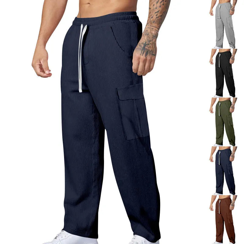 Men's straight-leg corduroy cargo trousers with wide-leg design and drawstring waist