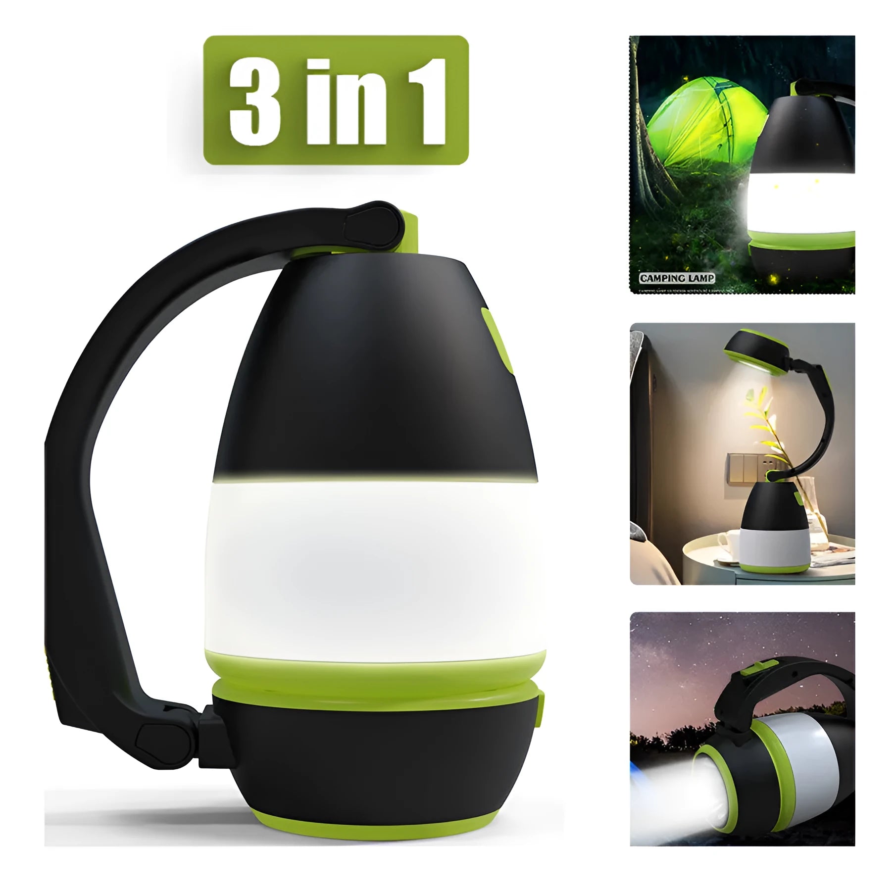 Black green three-in-one LED camping lamp with adjustable head and USB charging port