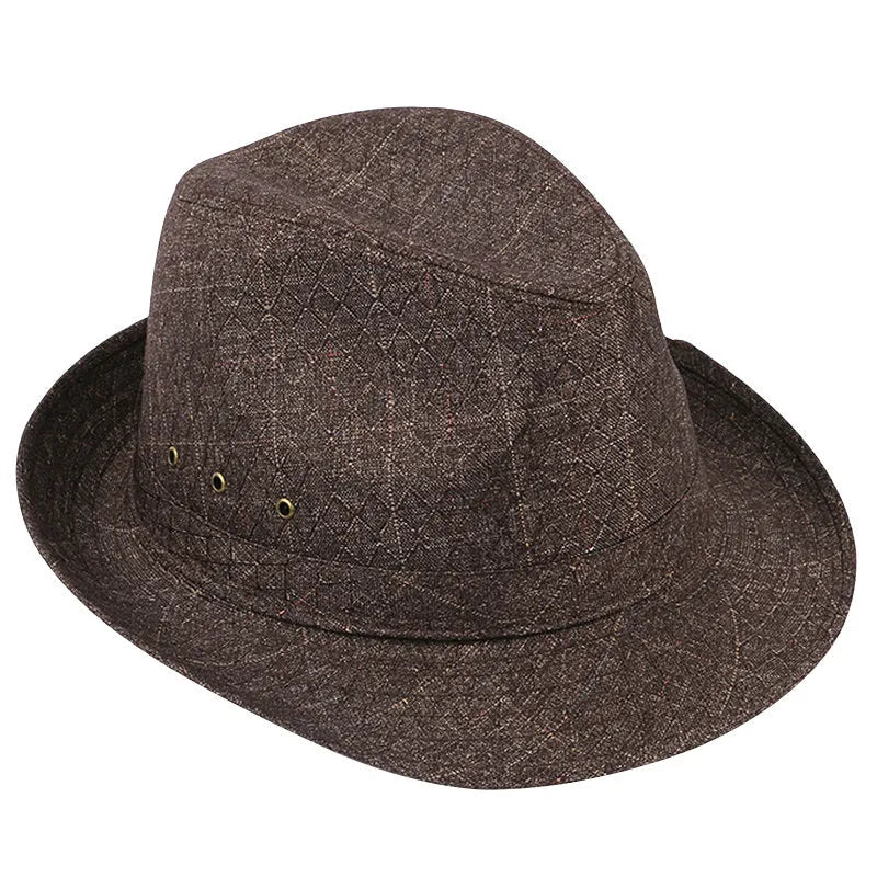 Classic brown fedora hat for men on a stand, showing the brim and structured crown.
