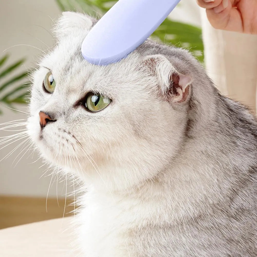 Gray cat comb with tongue massage design and narrow and wide ends, 21cm length, on a white background