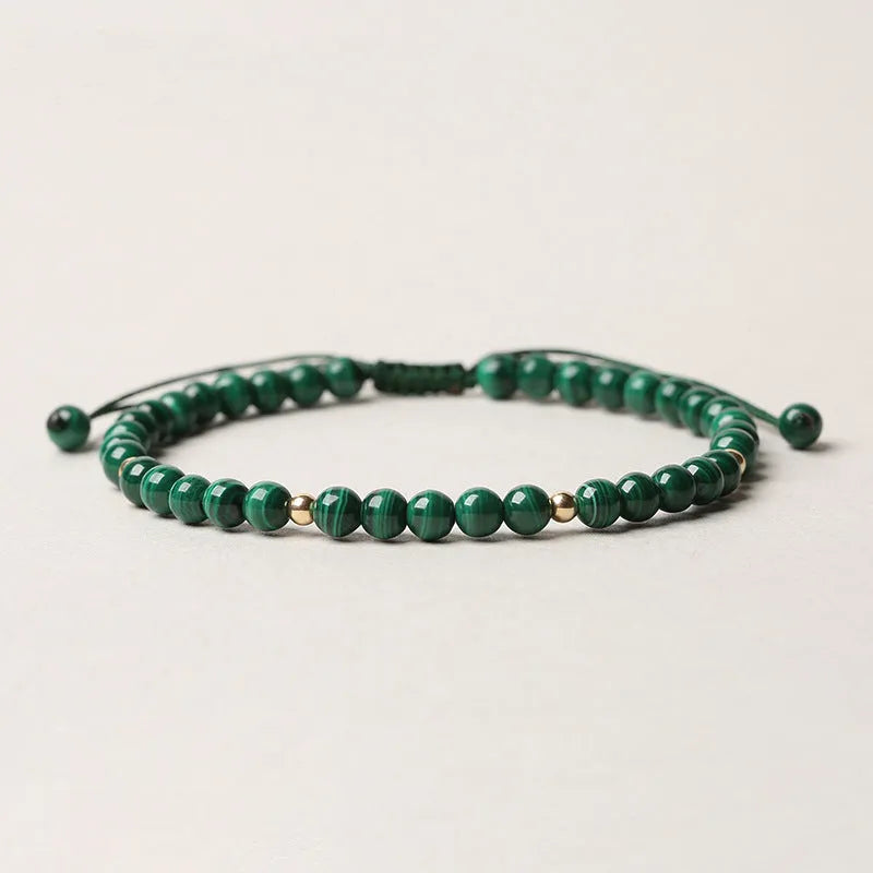Natural malachite crystal bracelet for women with hand woven golden balls and textured stone beads