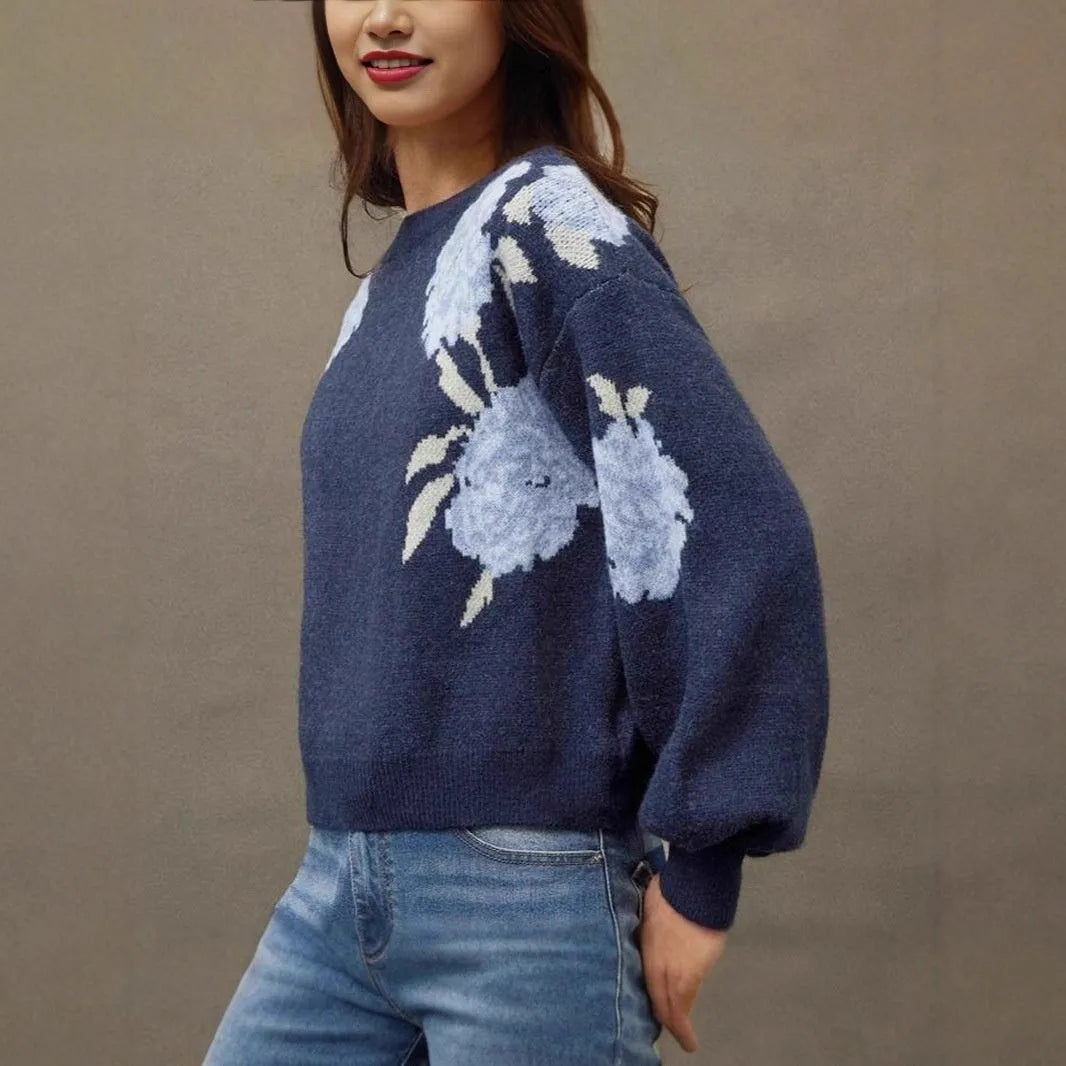 Sapphire blue women's loose pullover with all-over floral jacquard pattern, long sleeves.