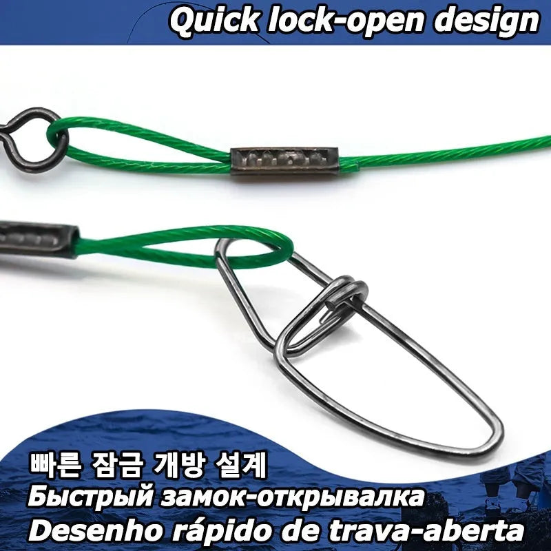 Set of 10 steel wire double buckle fishing pins in green, black and red colours