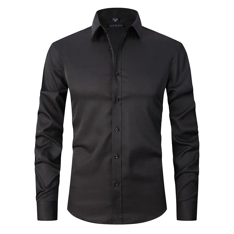 Men's stretch polyester long sleeve work shirt shown in a light colour on a hanger