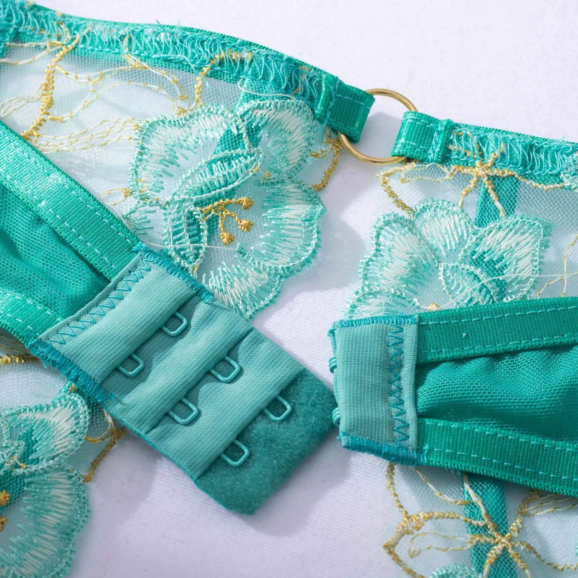 Women's embroidery bra set in light green polyester with three-point bra and matching tights