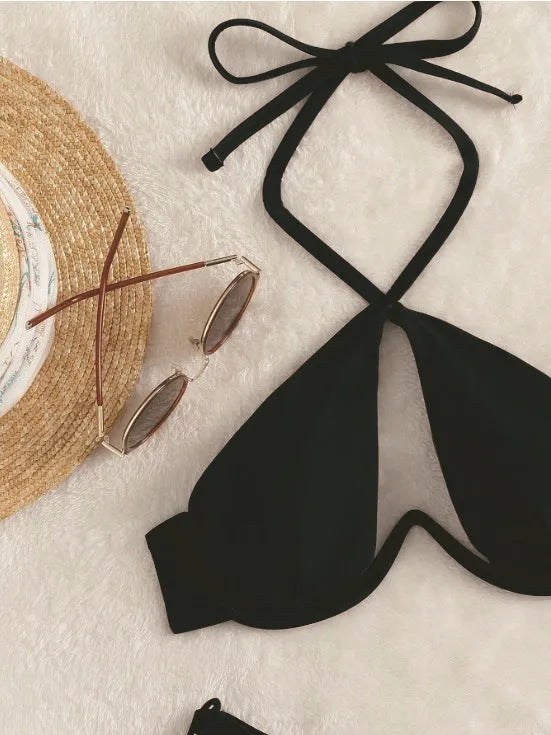Women's halter bikini set briefs bottom solid colour black backless swimsuit polyester spandex lining