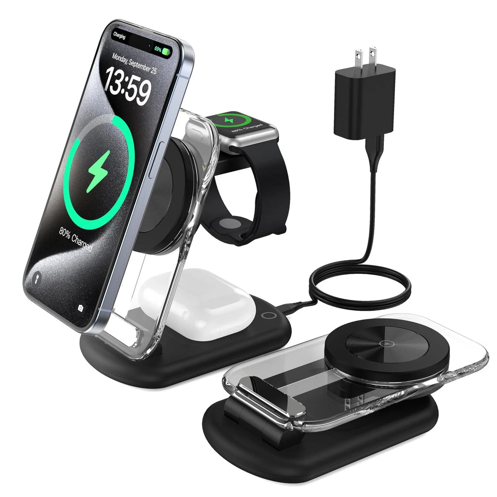 Transparent folding magnetic three-in-one wireless charger showing black and white colour options