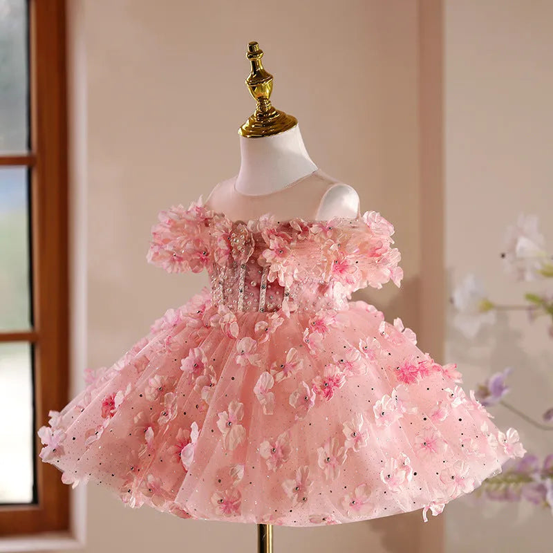Pink girls' princess pettiskirt in polyester fibre with full layered skirt for 80-150cm height