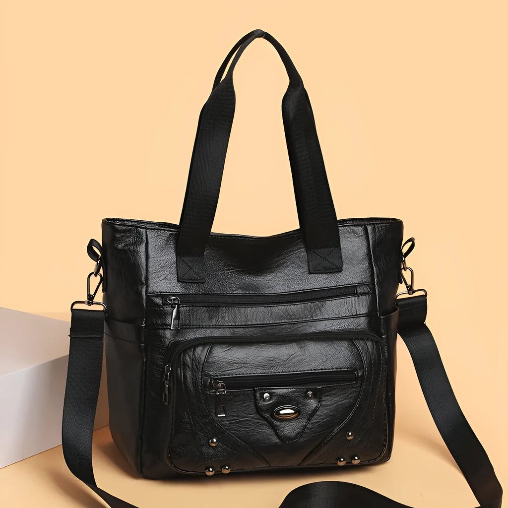 Large capacity soft leather washed shoulder bag in brown, black, red - PU material horizontal square shape for commute and leisure