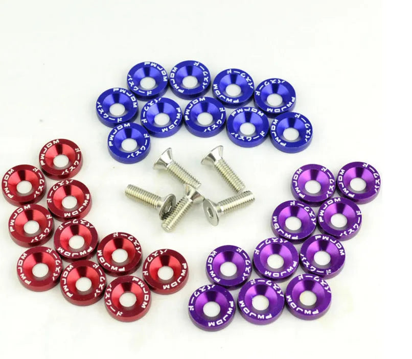 Ten car modification gasket screws in assorted colours on a dark background