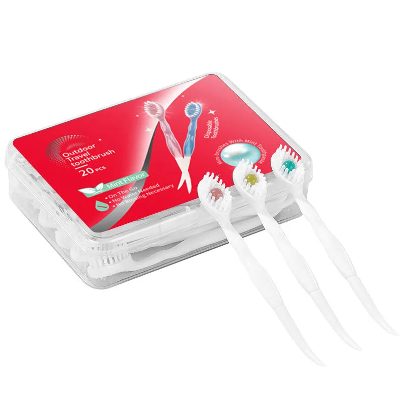 Box of 20 disposable bead toothbrushes with integrated toothpaste for travel and emergency dental care