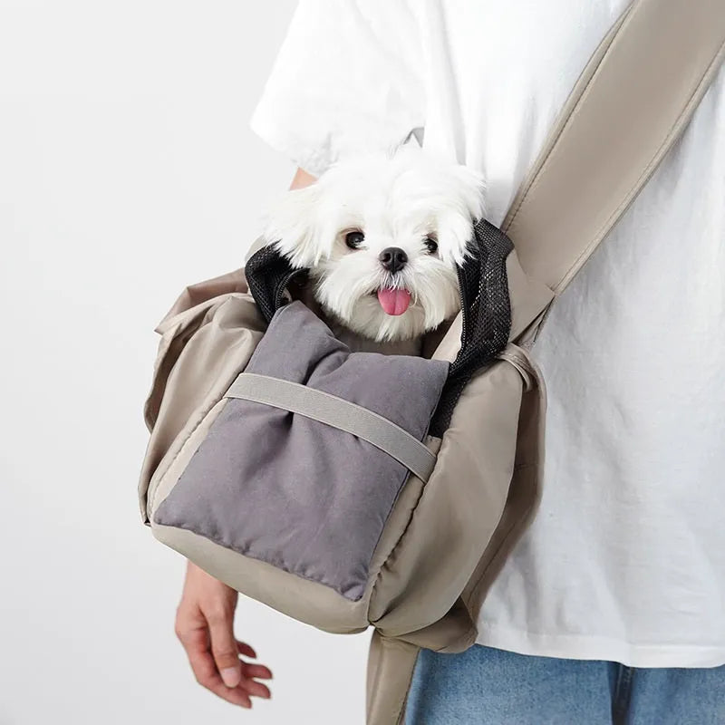 Apricot-coloured cloth pet travel handbag for small dogs and cats