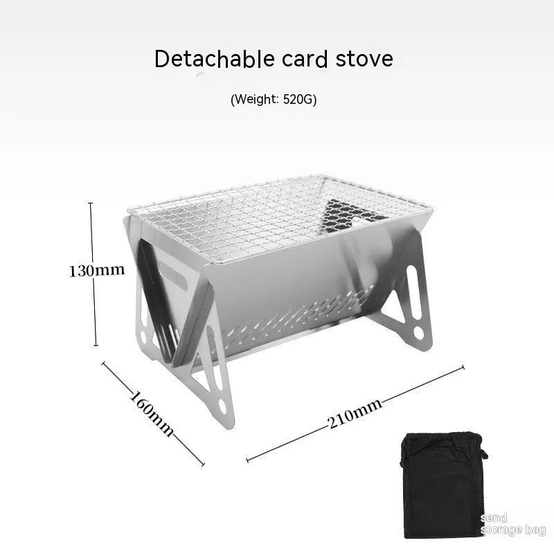 Folding stainless steel barbecue oven and BBQ grill with storage bag for outdoor use.