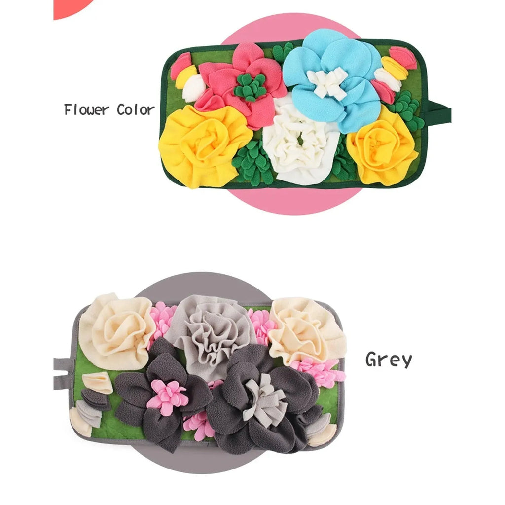 Gray square fleece foraging mat for rabbits and guinea pigs with soft strips for hiding treats