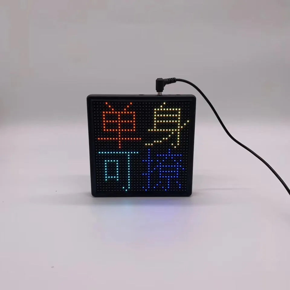 Aluminium-framed Bluetooth LED car display screen showing a colourful animated graphic.
