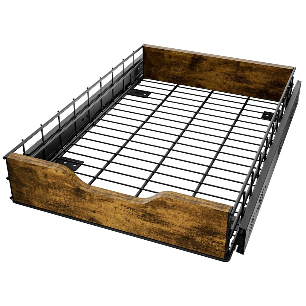Black kitchen storage basket drawer with wood and iron construction showing pull basket mechanism