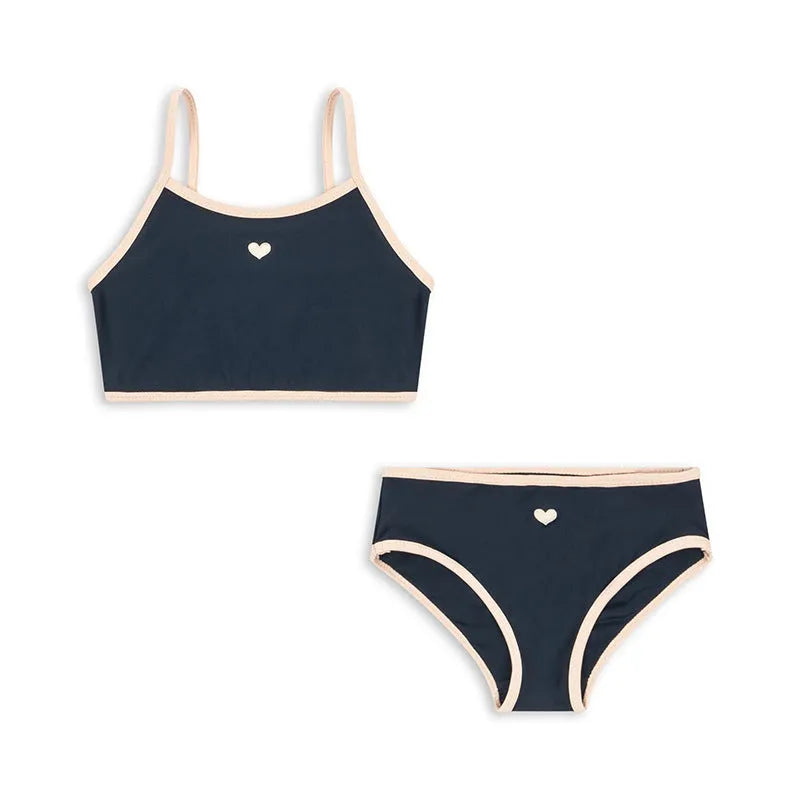 Dark blue baby split swimsuit for girls ages 1-6, high-elasticity polyester, sizes 90cm to 130cm