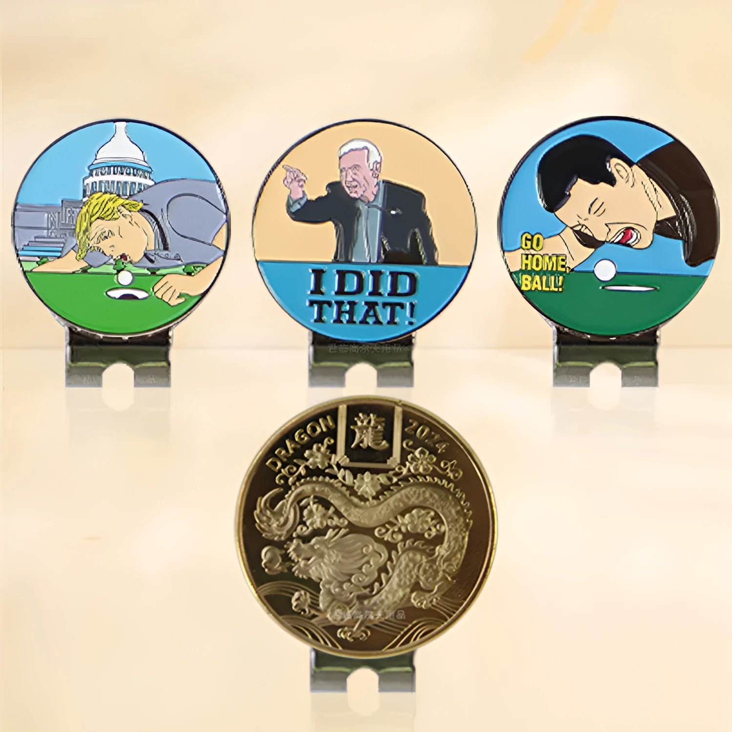 Zinc alloy golf hat clip showing Dragon Year, IDID logo, ace licking ball, and hair blowing machine design options