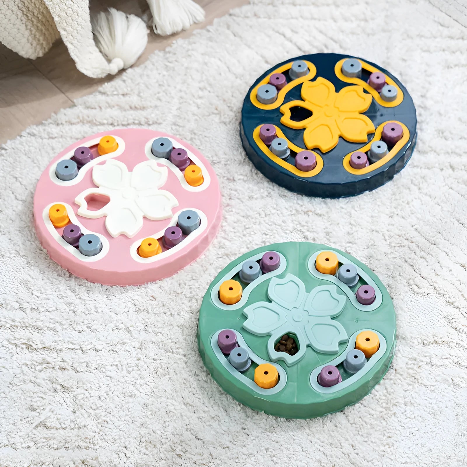 Dog slow food feeding plate in blue colour with raised maze pattern on non-slip base