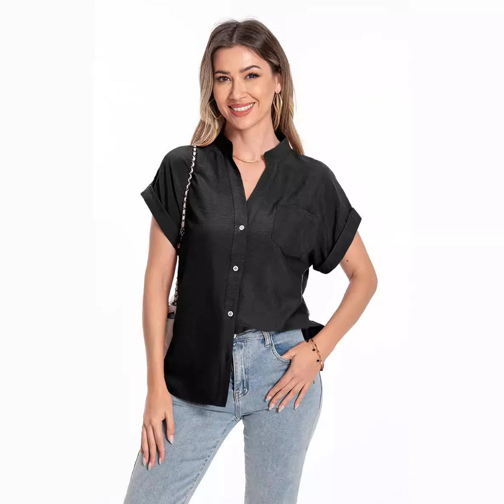 Women's stand collar button front short sleeve loose summer top in black polyester