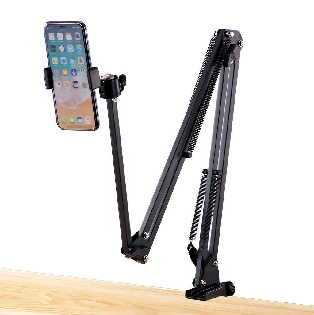 Black foldable metal desktop cantilever bracket holding a tablet, showing its adjustable arms and clamp.