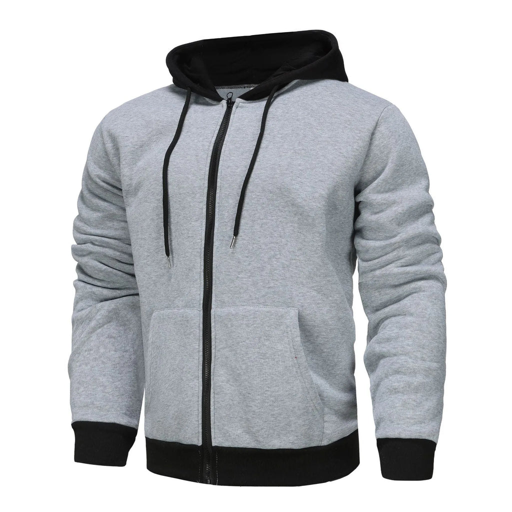 Men's black wool-lined zipper cardigan hoodie with hood and size patch pocket on light gray background