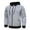 Men's black wool-lined zipper cardigan hoodie with hood and size patch pocket on light gray background