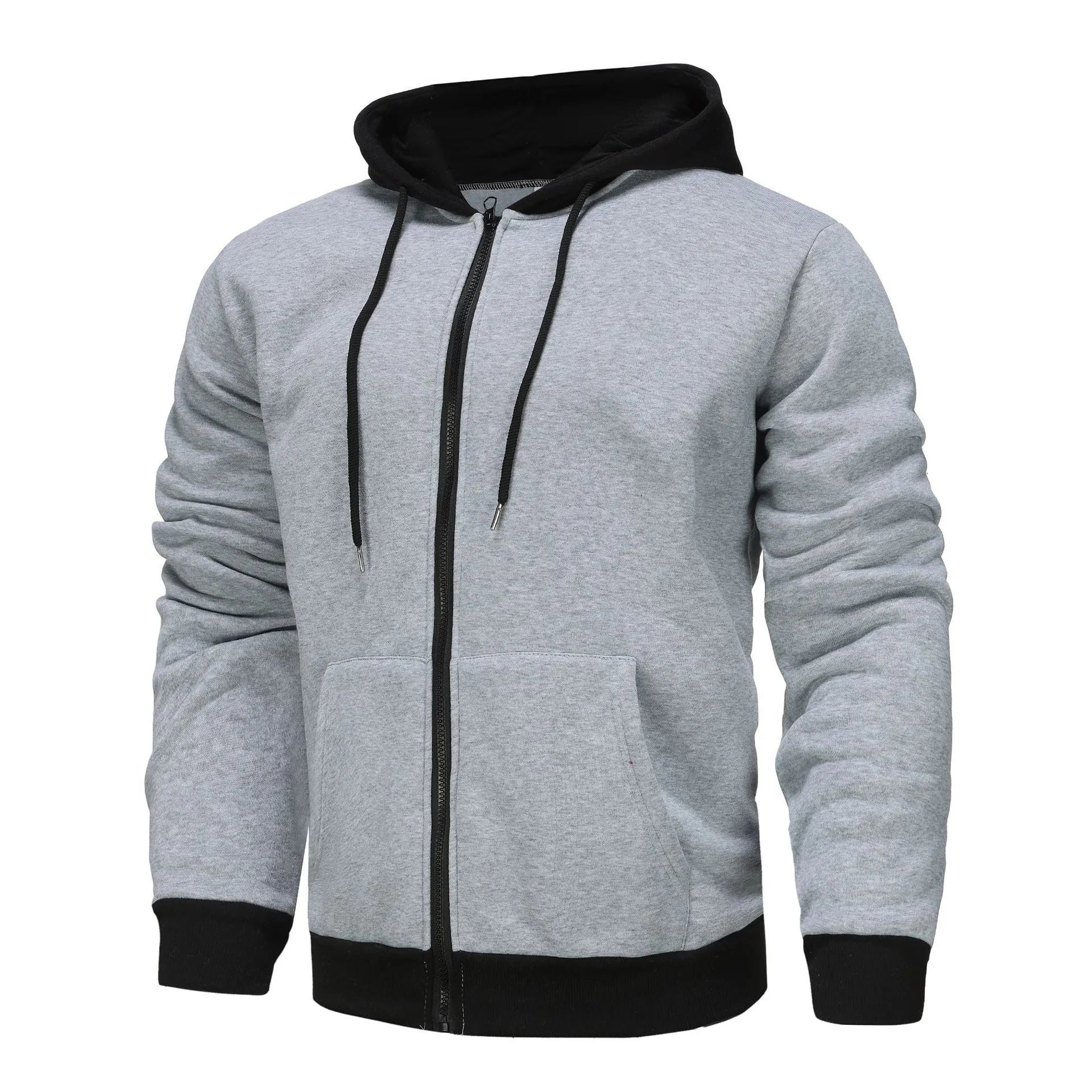 Men's black wool-lined zipper cardigan hoodie with hood and size patch pocket on light gray background