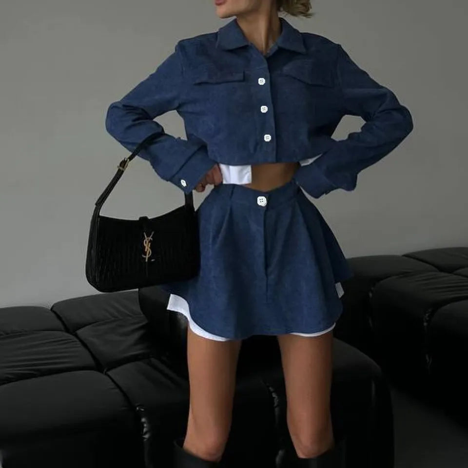 Women's two-piece set with long sleeve cardigan and cake short skirt in black, with blended fabric.