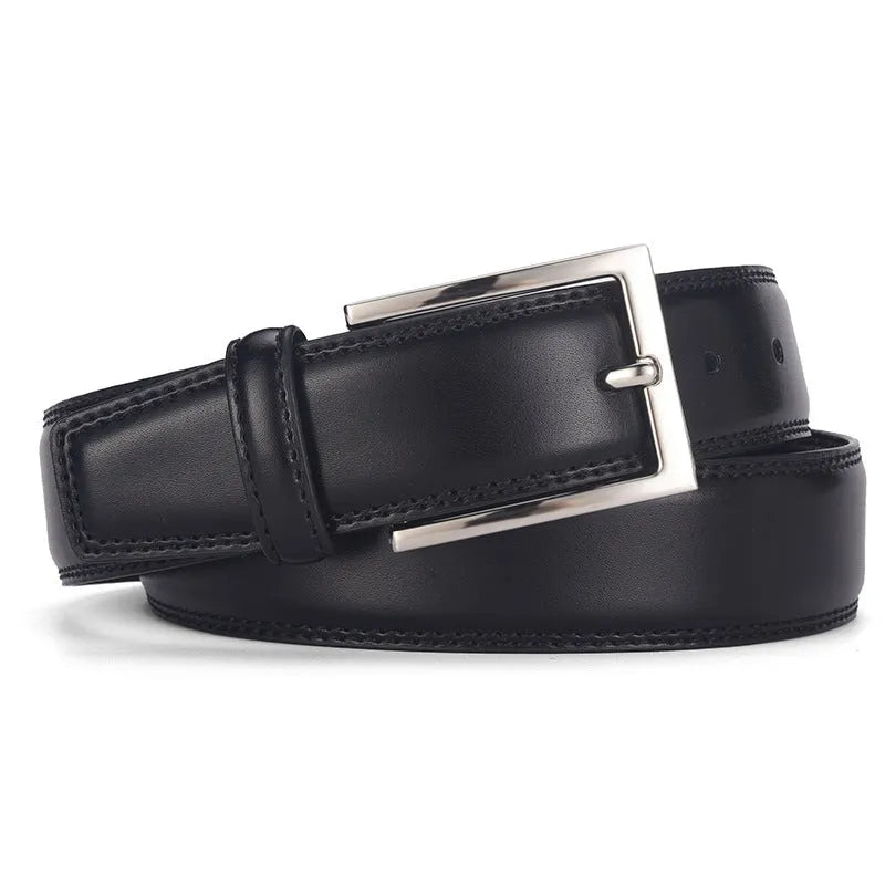 Men's black genuine leather belt with a silver alloy pin buckle on a plain background.