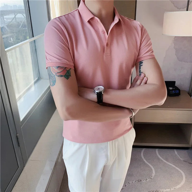 Solid colour polo shirt with lapel collar and short sleeves in cotton blend, summer colour options