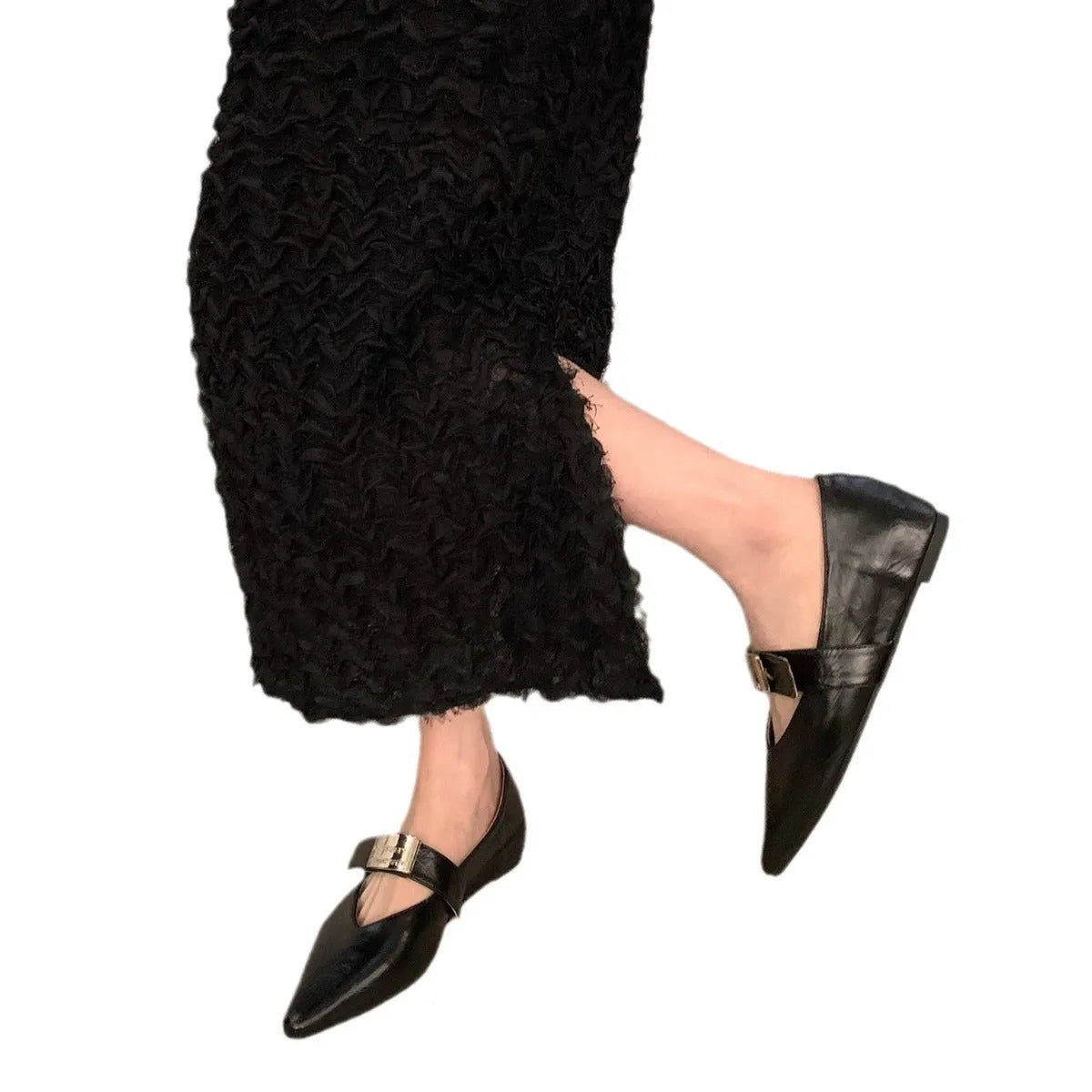 Women's pointed toe silver Mary Jane shoes with low heel, buckle closure, in black or wine red, sizes 35-40