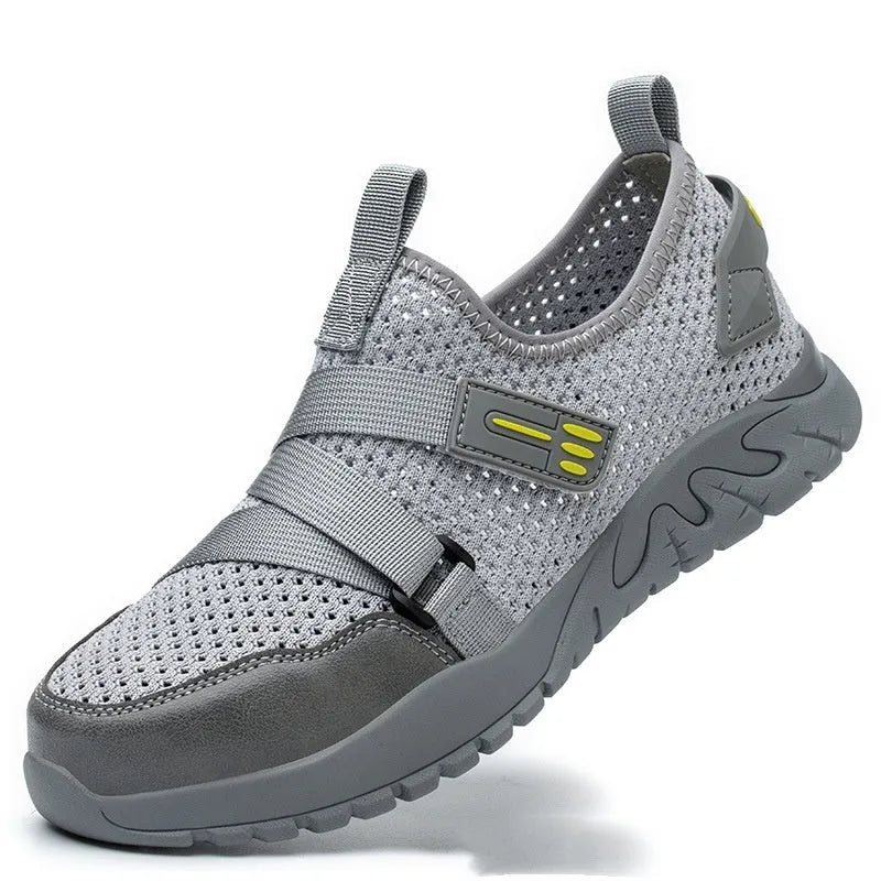 Grey men's anti-smash anti-puncture work safety shoes with flying woven upper and rubber sole