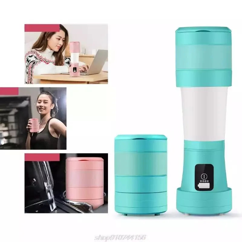 450ml blue portable blender with USB charging, folding design, and 304 stainless steel six-blade cutter head