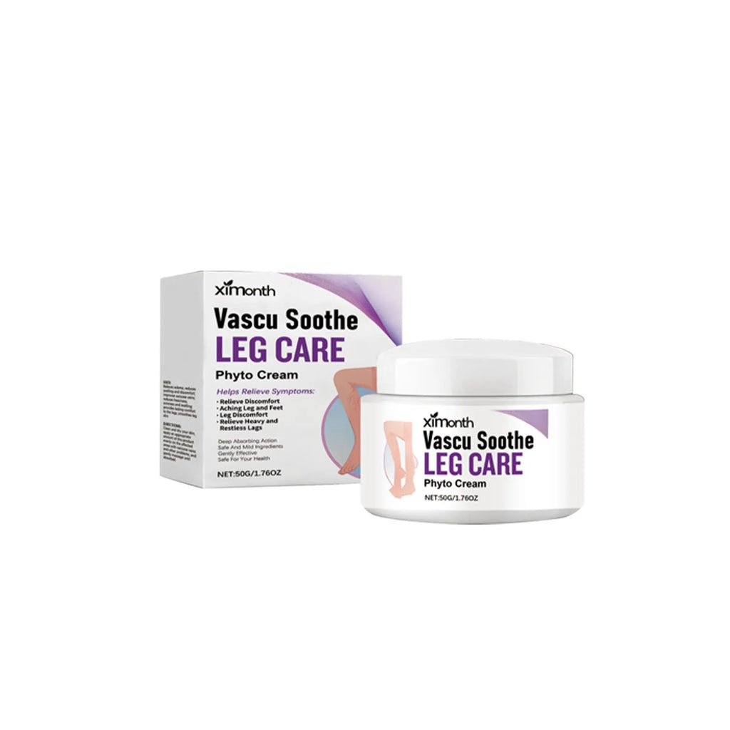 50g tube of Discomfort Moisturizing Daily Massage Cream with lavender oil and mint leaf on a neutral background