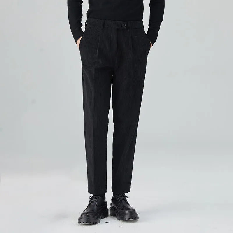 Men's straight-leg corduroy trousers in loose fit showing black, beige and brown grey colour options