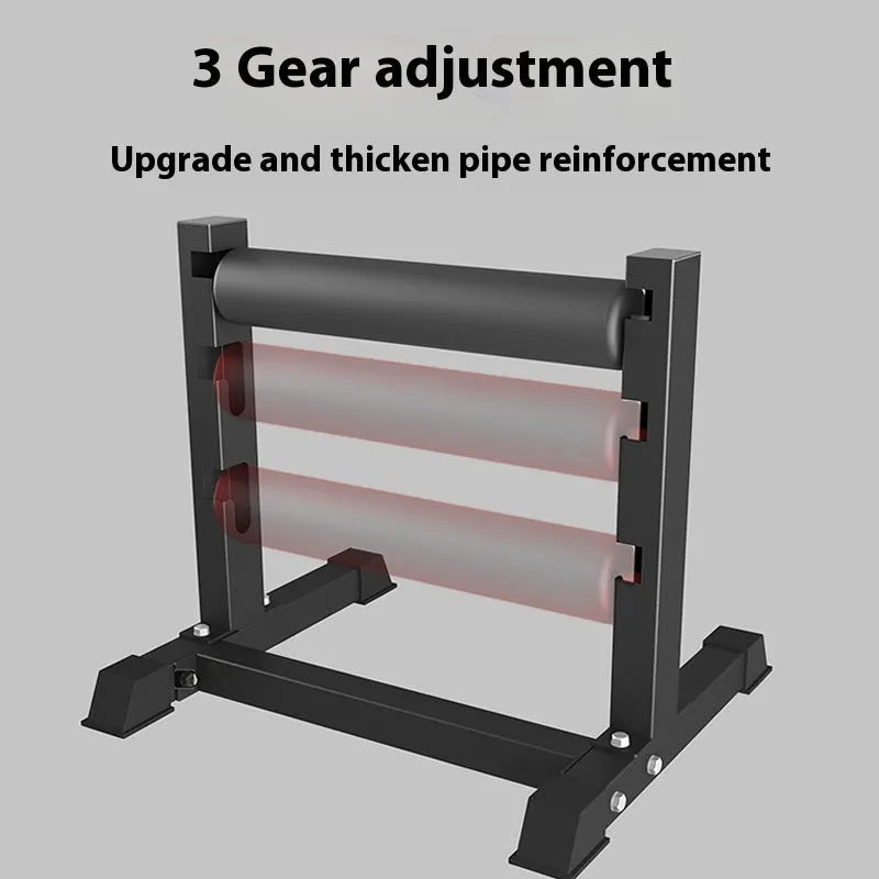 Black steel leg press trainer for split squats and balance exercises in a home gym setting