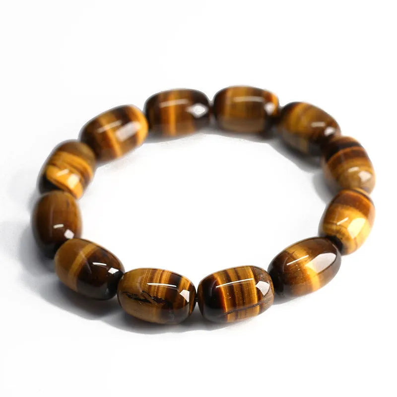 Natural yellow tigereye bracelet with cat eye sheen, 11x16mm beads, unisex constellation style on white background
