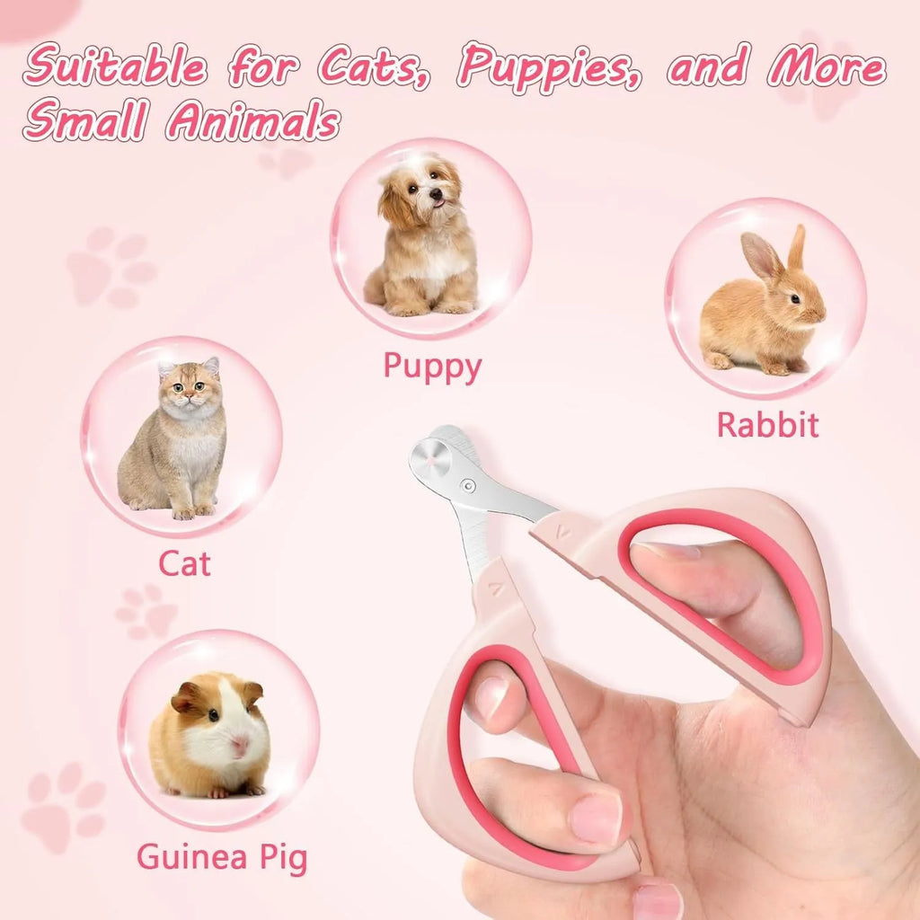 Stainless steel cat nail clipper with positioning hole and non-slip handle in blue or pink for safe pet grooming
