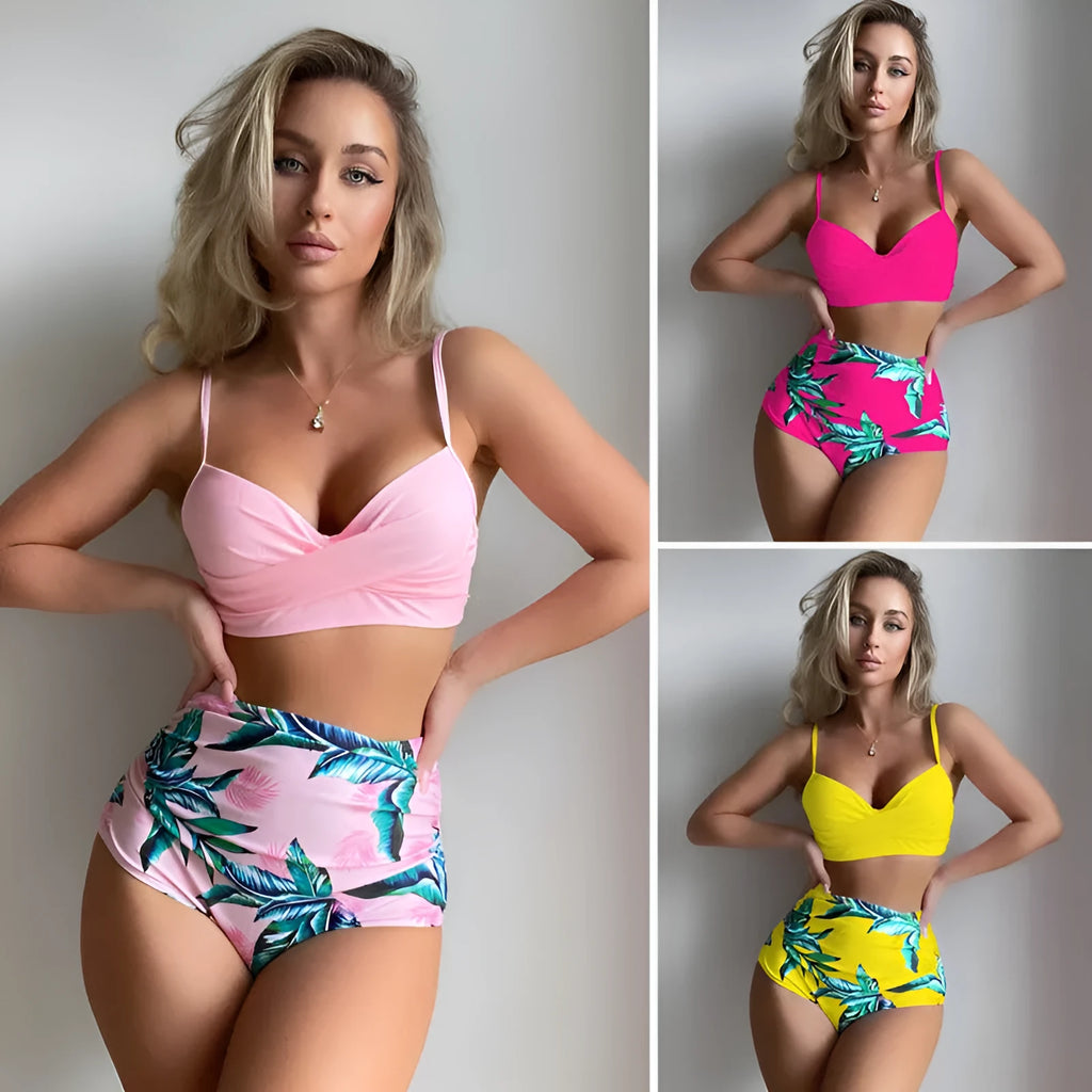 Printed split bikini set with steel bracket push up bra and high waist floral briefs in yellow and white pattern