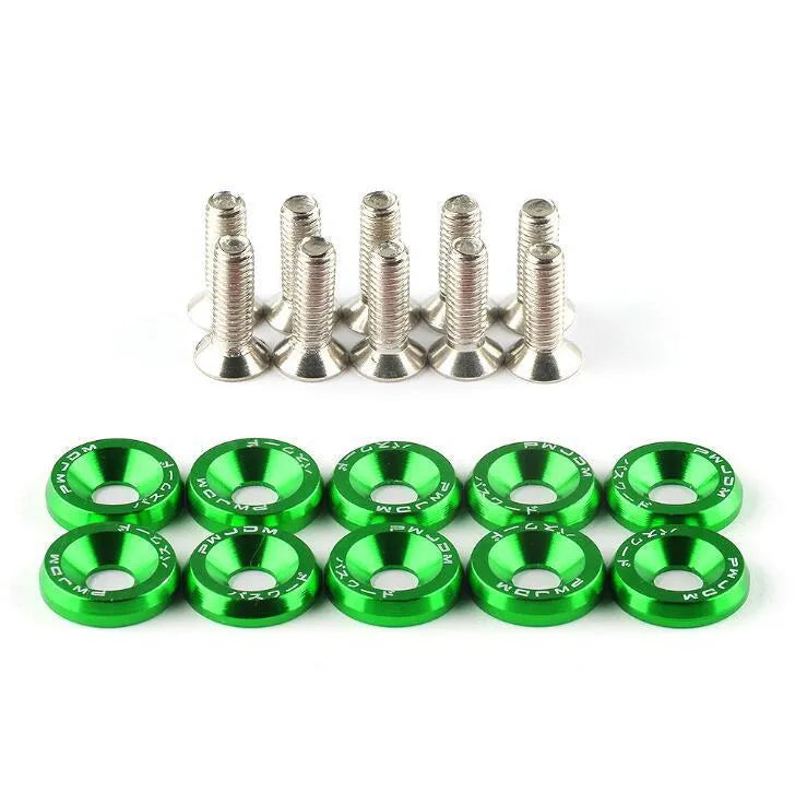 Ten car modification gasket screws in assorted colours on a dark background