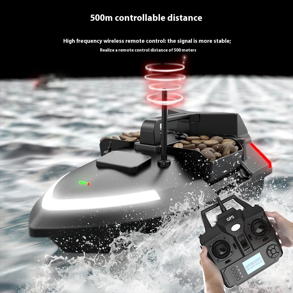 V020 model remote control fishing boat with GPS antenna showing 49cm length and black or luminous yellow colour options